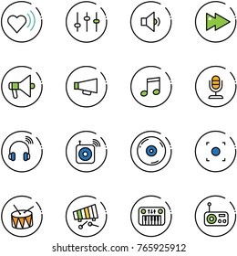 line vector icon set - heart beat vector, settings, low volume, fast forward, loudspeaker, music, microphone, wireless headphones, speaker, cd, record button, drum, xylophone, toy piano, radio