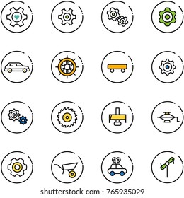 line vector icon set - heart gear vector, gears, limousine, hand wheel, skateboard, saw disk, milling cutter, jack, wheelbarrow, car toy, windmill