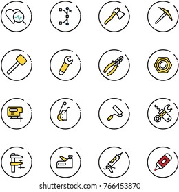 line vector icon set - heart diagnosis vector, bezier, axe, rubber hammer, wrench, pliers, nut, jig saw, winch, paint roller, screwdriver, clamp, stapler, gun sealant, marker