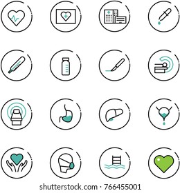 line vector icon set - heart pulse vector, first aid kit, hospital building, pipette, thermometer, vial, scalpel, mri, stomach, liver, bladder, care, medical mask, pool