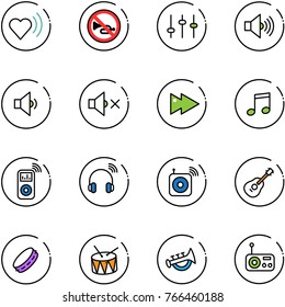 line vector icon set - heart beat vector, no horn road sign, settings, volume max, low, off, fast forward, music, player, wireless headphones, speaker, guitar, tambourine, drum, toy, radio