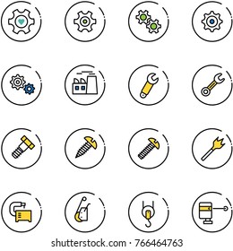 line vector icon set - heart gear vector, plant, wrench, bolt, screw, wood drill, machine tool, winch, laser lever