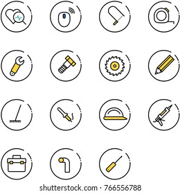 line vector icon set - heart diagnosis vector, mouse wireless, fretsaw, measuring tape, wrench, bolt, saw disk, pencil, rake, soldering iron, construction helmet, gun sealant, tool box, allen key