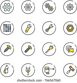line vector icon set - heart gear vector, circuit, wrench, nut, screw, wood drill, machine tool, winch, laser lever, toy hammer