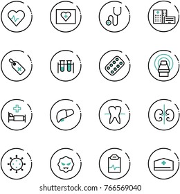 line vector icon set - heart pulse vector, first aid kit, stethoscope, hospital building, medical label, vial, pills blister, mri, bed, liver, tooth, kidneys, virus, clipboard, doctor hat