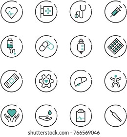 line vector icon set - heart pulse vector, first aid room, stethoscope, syringe, drop counter, pills, blister, medical patch, gear, liver, gymnastics, care, hand, clipboard, forceps