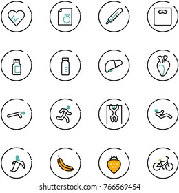 line vector icon set - heart pulse vector, diet list, thermometer, floor scales, pills bottle, vial, liver, push ups, run, pull, abdominal muscles, banana, strawberry, bike
