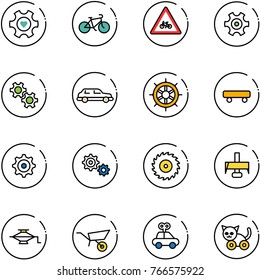 line vector icon set - heart gear vector, bike, road for moto sign, limousine, hand wheel, skateboard, saw disk, milling cutter, jack, wheelbarrow, car toy, cat