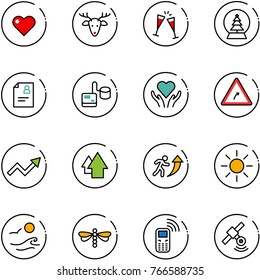 line vector icon set - heart vector, christmas deer, wine glasses, snowball tree, patient card, tonometer, care, turn right road sign, growth arrow, up, career, sun, waves, dragonfly, mobile phone