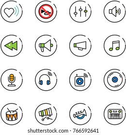 line vector icon set - heart beat vector, no horn road sign, settings, volume medium, fast backward, loudspeaker, music, microphone, wireless headphones, speaker, cd, drum, xylophone, toy, piano