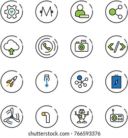 line vector icon set - heart gear vector, monero, user password, share, upload cloud, phone horn, camera, tag code, rocket, laser, molecule, battery, wind mill, allen key, robot, radio