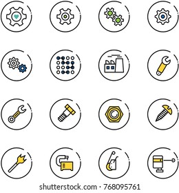 line vector icon set - heart gear vector, circuit, plant, wrench, bolt, nut, screw, wood drill, machine tool, winch, laser lever