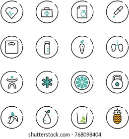 line vector icon set - heart pulse vector, doctor bag, diet list, pipette, floor scales, vial, carrot, lungs, gymnastics, ambulance star, lemon slice, weight, banana, pear, garbage, pineapple