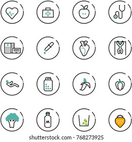 line vector icon set - heart pulse vector, doctor bag, apple, stethoscope, hospital building, pipette, pull ups, abdominal muscles, pills bottle, banana, sweet pepper, broccoli, milk, garbage