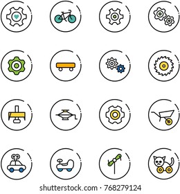 line vector icon set - heart gear vector, bike, gears, skateboard, saw disk, milling cutter, jack, wheelbarrow, car toy, baby, windmill, cat