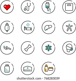 line vector icon set - heart vector, stethoscope, drop counter, floor scales, hospital bed, liver, gymnastics, abdominal muscles, broken bone, ambulance star, medical mask, pills bottle, doctor hat