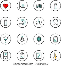 line vector icon set - heart vector, first aid room, vial, pills bottle, mri, lungs, tooth, bladder, disabled, ambulance star, mobile monitor, pulse clipboard, x ray, thermometer