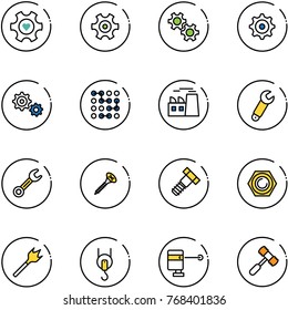 line vector icon set - heart gear vector, circuit, plant, wrench, screw, bolt, nut, wood drill, winch, laser lever, toy hammer