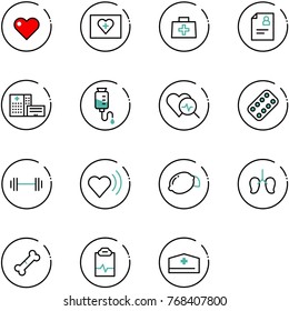 line vector icon set - heart vector, first aid kit, doctor bag, patient card, hospital building, drop counter, diagnosis, pills blister, barbell, beat, lemon, lungs, broken bone, pulse clipboard