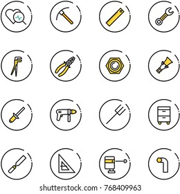 line vector icon set - heart diagnosis vector, rock axe, ruler, wrench, plumber, pliers, nut, dowel, clinch, drill machine, farm fork, tool cabinet, rasp, corner, laser lever, allen key