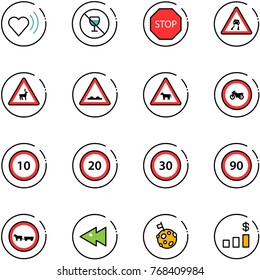 line vector icon set - heart beat vector, no alcohol sign, stop road, slippery, wild animals, rough, cow, moto, speed limit 10, 20, 30, 90, cart horse, fast backward, moon flag, dollar chart