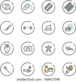 line vector icon set - heart diagnosis vector, pills, blister, scalpel, barbell, treadmill, mri, kidneys, gymnastics, abdominal muscles, tooth brush, drop hand, uv cream, Angular grinder