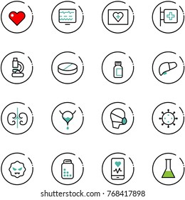 line vector icon set - heart vector, diagnostic monitor, first aid kit, room, lab, pill, pills bottle, liver, kidneys, bladder, medical mask, virus, mobile, flask