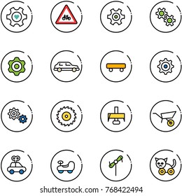 line vector icon set - heart gear vector, road for moto sign, limousine, skateboard, saw disk, milling cutter, wheelbarrow, car toy, baby, windmill, cat