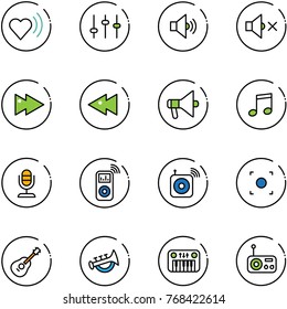 line vector icon set - heart beat vector, settings, volume medium, off, fast forward, backward, loudspeaker, music, microphone, player, wireless speaker, record button, guitar, horn toy, piano