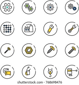line vector icon set - heart gear vector, circuit, plant, wrench, screw, nut, machine tool, winch, laser lever