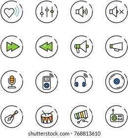 line vector icon set - heart beat vector, settings, volume medium, off, fast forward, backward, loudspeaker, microphone, music player, wireless headphones, cd, guitar, drum, xylophone, radio