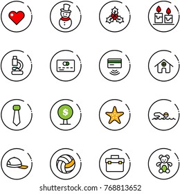 line vector icon set - heart vector, snowman, holly, candle, lab, credit card, tap pay, home, tie, money tree, starfish, swimming, cap, volleyball, tool box, bear toy