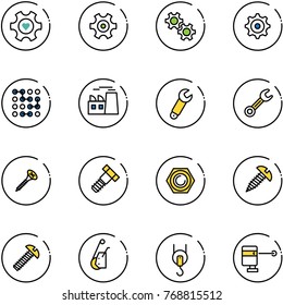 line vector icon set - heart gear vector, circuit, plant, wrench, screw, bolt, nut, winch, laser lever