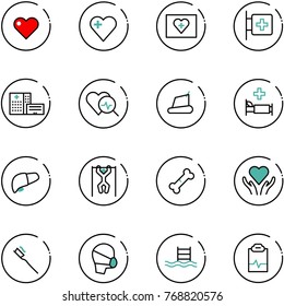 line vector icon set - heart vector, first aid kit, room, hospital building, diagnosis, treadmill, bed, liver, pull ups, broken bone, care, tooth brush, medical mask, pool, pulse clipboard