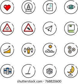 line vector icon set - heart vector, snowball tree, patient card, eye, round motion road sign, multi lane traffic, paper fly, book, rise, team leader, reading, flower, carbon, rake, cube toy