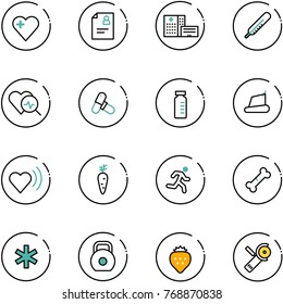line vector icon set - heart vector, patient card, hospital building, thermometer, diagnosis, pills, vial, treadmill, beat, carrot, run, broken bone, ambulance star, weight, strawberry