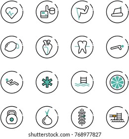 line vector icon set - heart pulse vector, tonometer, power hand, treadmill, lemon, tooth, push ups, abdominal muscles, ambulance star, pool, slice, weight, onion, spica