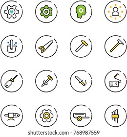 line vector icon set - heart gear vector, brain work, star man, casting of steel, saw, hammer, mason, screwdriver, nail dowel, soldering iron, welding, pipe, trailer, allen key set