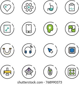 line vector icon set - heart vector, gear, stomach, pulse clipboard, x ray, phone, head bulb, puzzle, luck, wireless headphones, cursor, cpu, milling cutter, ufo toy, cube hole