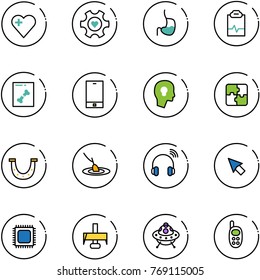 line vector icon set - heart vector, gear, stomach, pulse clipboard, x ray, phone, head bulb, puzzle, luck, fishing, wireless headphones, cursor, cpu, milling cutter, ufo toy