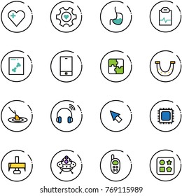 line vector icon set - heart vector, gear, stomach, pulse clipboard, x ray, phone, puzzle, luck, fishing, wireless headphones, cursor, cpu, milling cutter, ufo toy, cube hole