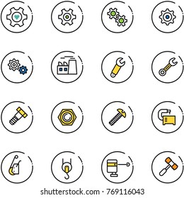 line vector icon set - heart gear vector, plant, wrench, bolt, nut, screw, machine tool, winch, laser lever, toy hammer