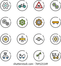 line vector icon set - heart gear vector, bike, road for moto sign, gears, hand wheel, skateboard, saw disk, milling cutter, jack, car toy, baby, windmill, cat