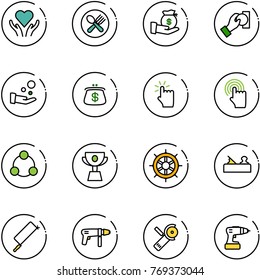 line vector icon set - heart care vector, fork spoon plate, investment, cash pay, purse, hand touch, cursor, social, cup, wheel, jointer, metal hacksaw, drill machine, Angular grinder