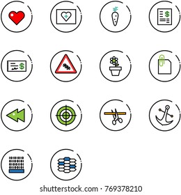 line vector icon set - heart vector, first aid kit, carrot, account statement, check, multi lane traffic road sign, flower pot, attachment, fast backward, target, opening, anchor, binary code