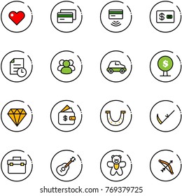 line vector icon set - heart vector, credit card, tap pay, history, group, car, money tree, diamond, finance management, luck, scythe, tool box, guitar, bear toy, bow