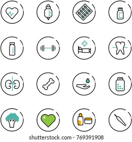 line vector icon set - heart pulse vector, drop counter, pills blister, bottle, vial, barbell, hospital bed, tooth, kidneys, broken bone, hand, broccoli, uv cream, forceps