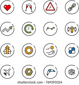 line vector icon set - heart vector, wine glasses, turn right road sign, link, growth arrow, clock around, chart point, team leader, arrows up, sun, waves, atom core, plane, nut, boomerang, cube toy