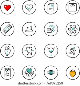 line vector icon set - heart vector, pulse, patient card, floor scales, medical patch, treadmill, mri, gear, tooth, bladder, run, pull ups, care, eye, strawberry