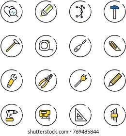 line vector icon set - heart diagnosis vector, highlight marker, bezier, hammer, mason, measuring tape, chisel, work knife, wrench, pliers, wood drill, pencil, jig saw, corner ruler, allen key set